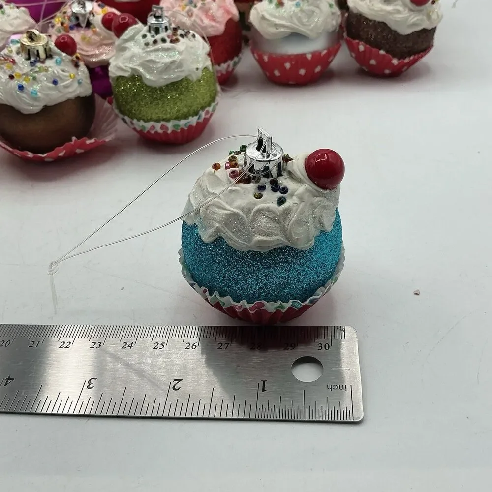 Lot of 13 Handmade Faux Cupcake Christmas Tree Ornaments Glitter Holiday Decor
